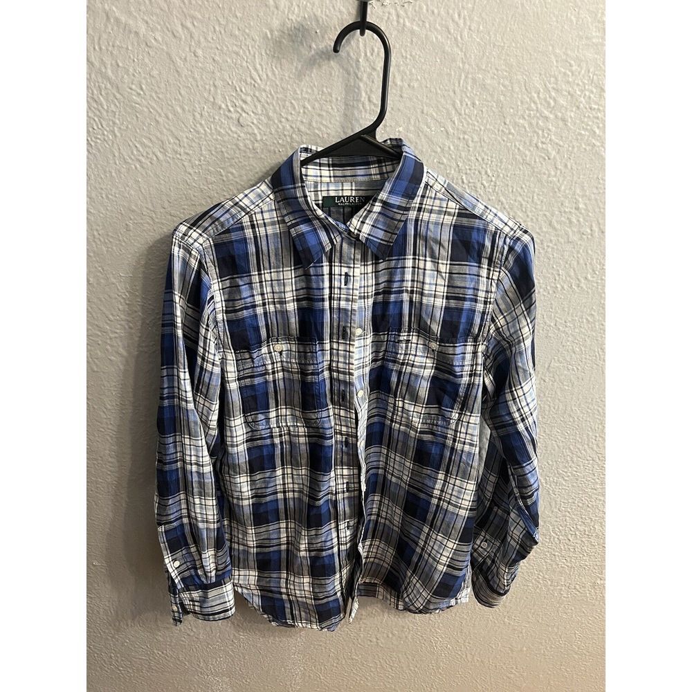 Lauren Ralph Lauren Top Womens Small Blue White Plaid‎ Long sleeve Button Up